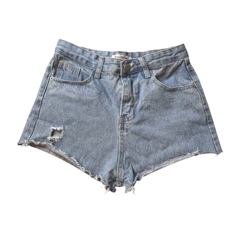 OrderPlus Denim‎ Shorts Womens M Blue Light Wash Raw Hem Distressed High Rise